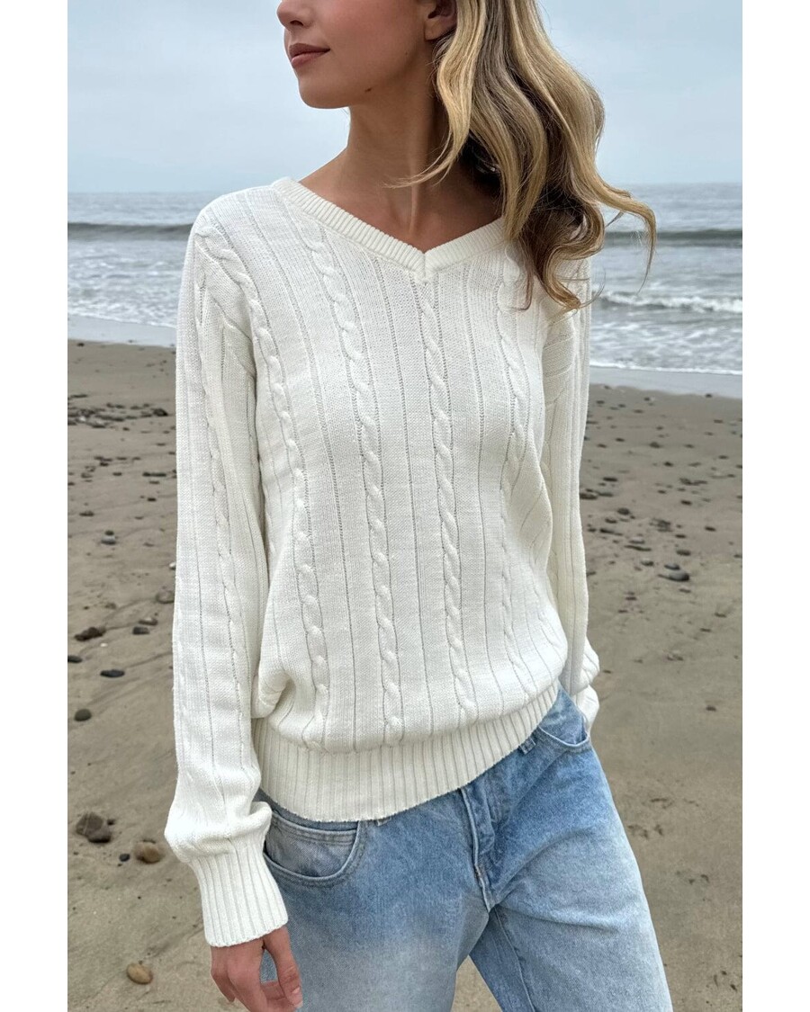 Brandy Melville Ida Cotton Cable Knit V-Neck Sweater